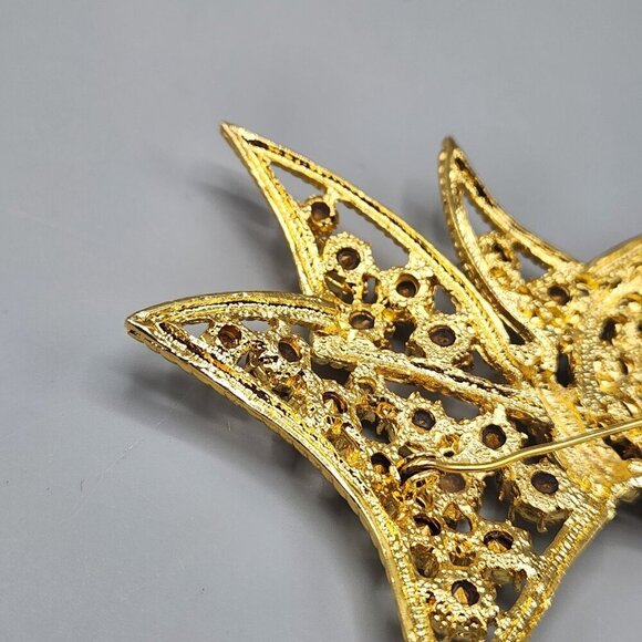 Flat Bow Brooch Pin Costume Jewelry Gold Tone Clear Stones Holiday Gift Xmas - Picture 7 of 11